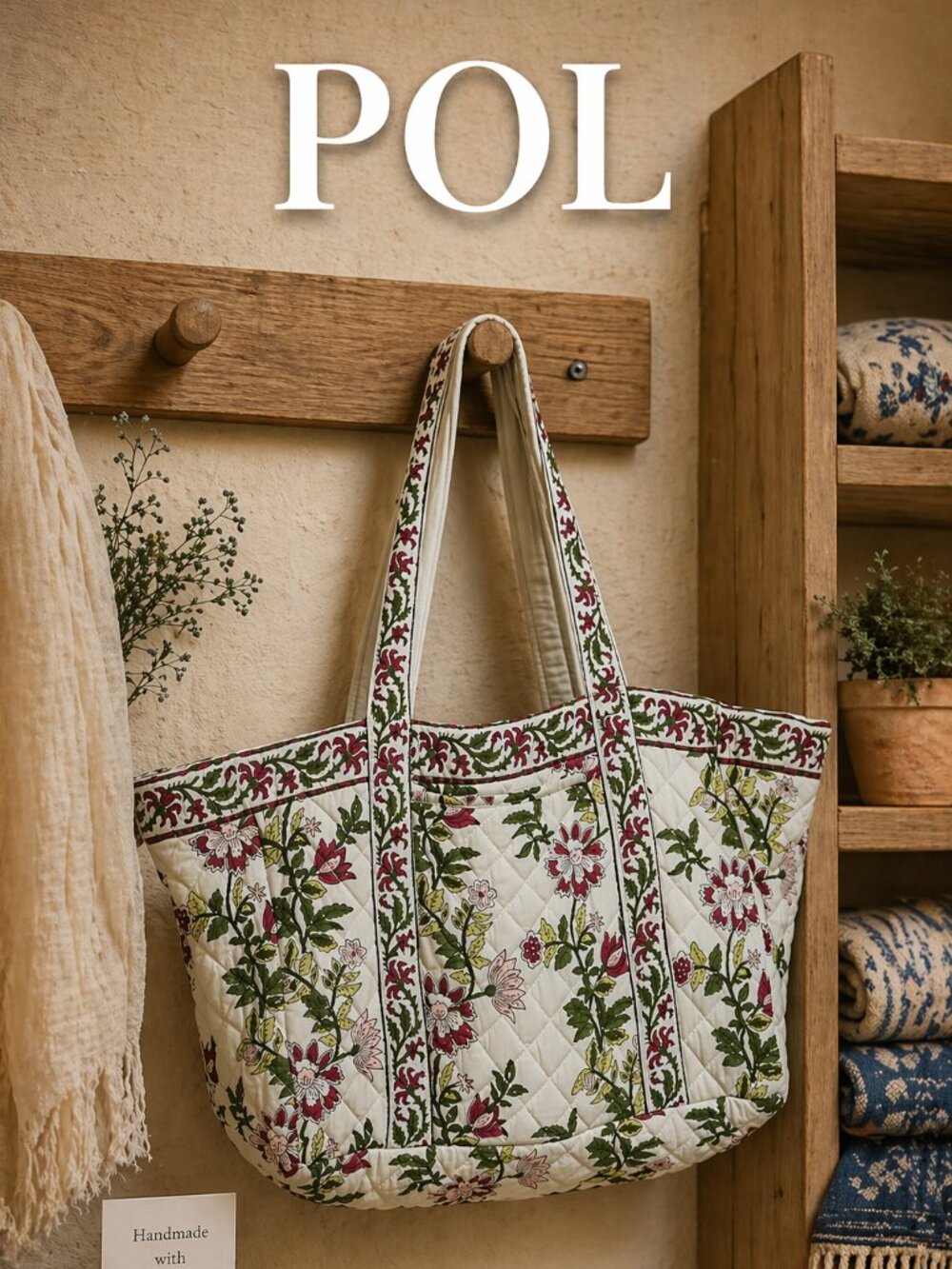 POL Boho Hand Printed Botanical Floral Big Roomy Tote Travel Beach Bag
